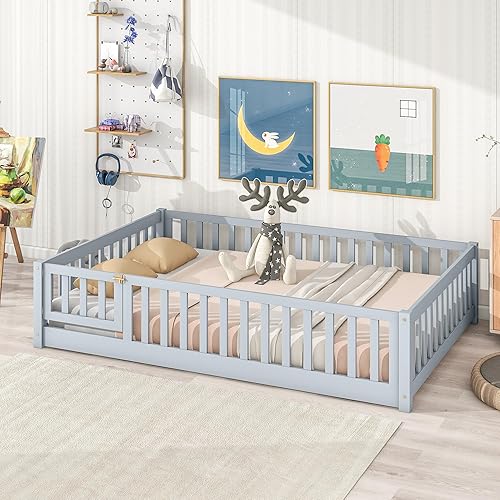 Miniatura 109 de Harper & Bright Designs Cama de suelo tamaño Queen con valla y puerta, marco de cama Montessori de madera para niños, niñas, listones incluidos, no