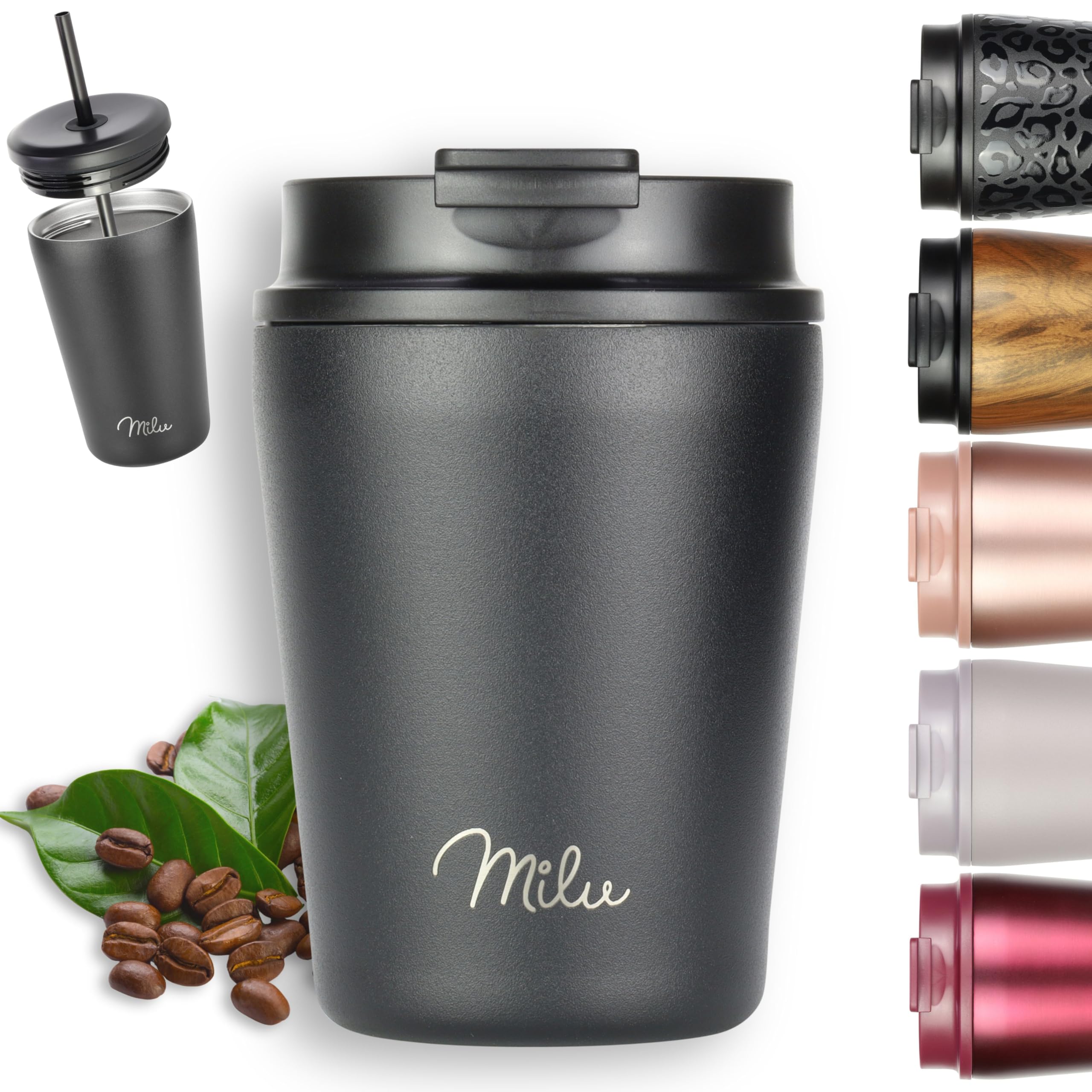 Milu Thermobecher 300ml - 100% Auslaufsicher - Edelstahl Kaffeebecher to go isoliert mit Strohhalm hält 10h heiß / 20h kalt, BPA-frei (Schwarz, 300ml)