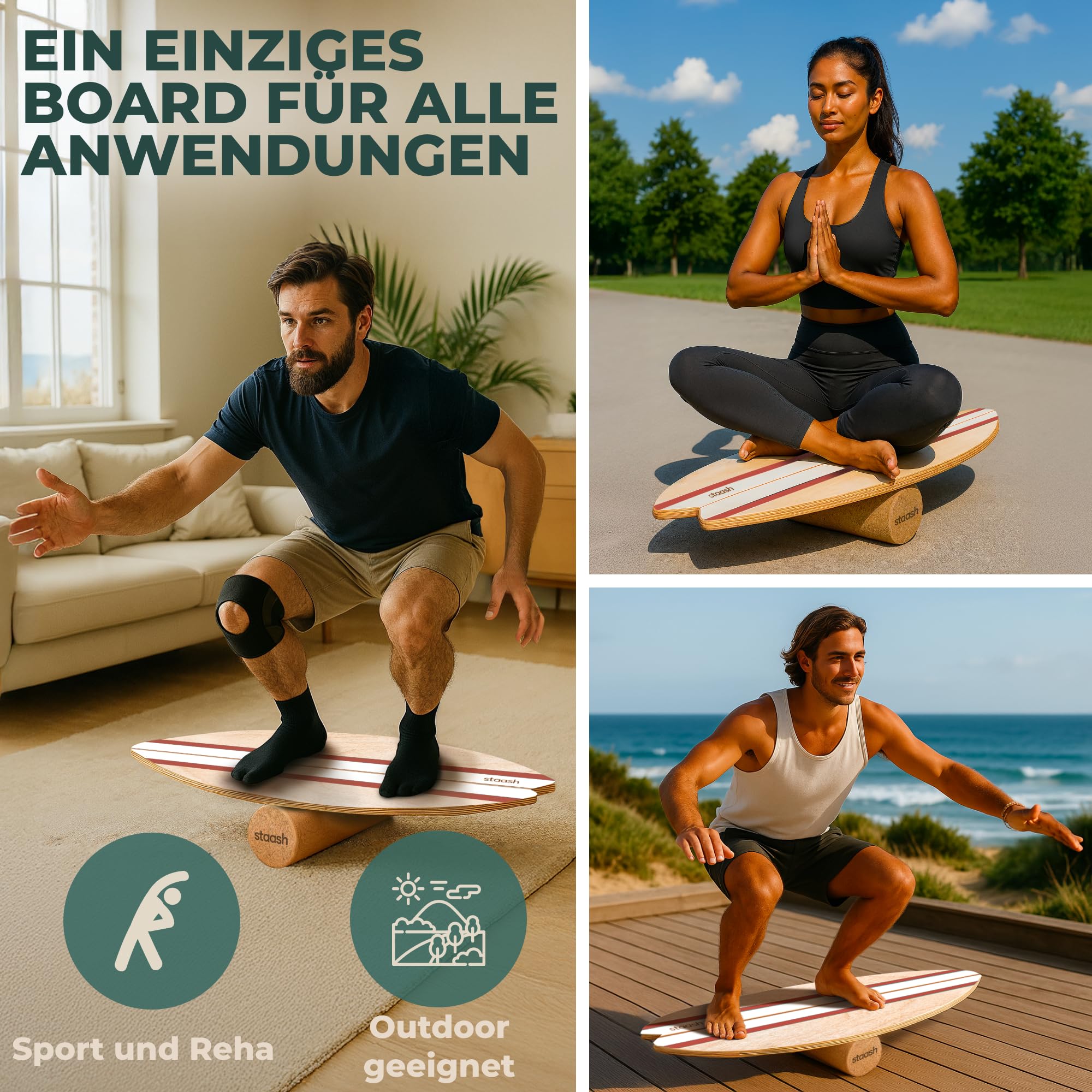 STAASH® Balance Board Holz – Pro Gleichgewichtstrainer inkl. Schutzmatte, Rolle, Halbkugel & Korkball + Videokurs – Indoor-Surfen & Stabilitätstraining