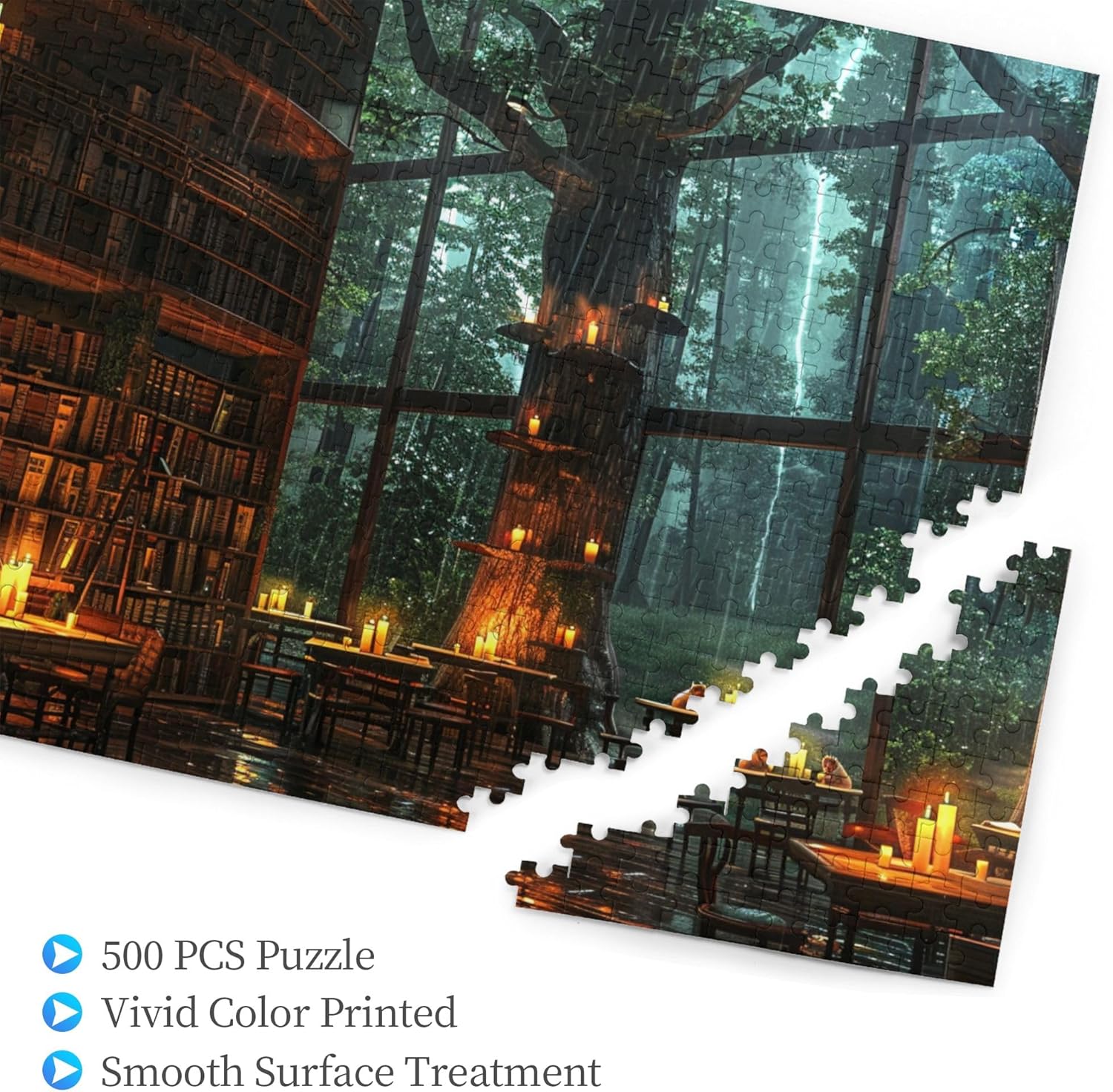 500 Piece Fantasy Library Puzzle for Adults – Enchanted Forest Reading Room with Candlelit Trees and Rainy Ambience