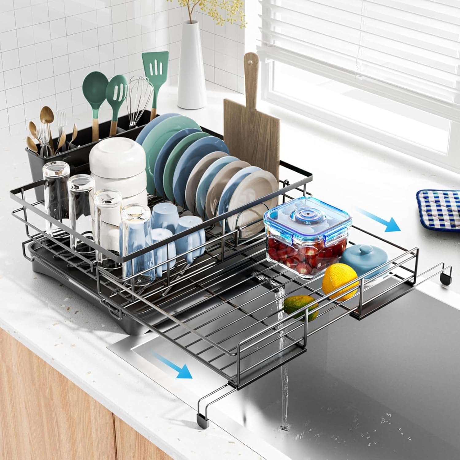 Over The Sink Dish Drying Rack – Expandable Black Carbon Steel, Rust-Resistant with Tilted Drainboard, Utensil Holder, Anti-Slip Feet & Bonus Soap Brush
