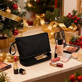 Ethereal Small Makeup Bag, 2 Layers Travel Makeup Bag with Makeup Brush Holder, Cosmetic Bag Black Make up Pouch for Women/Girls