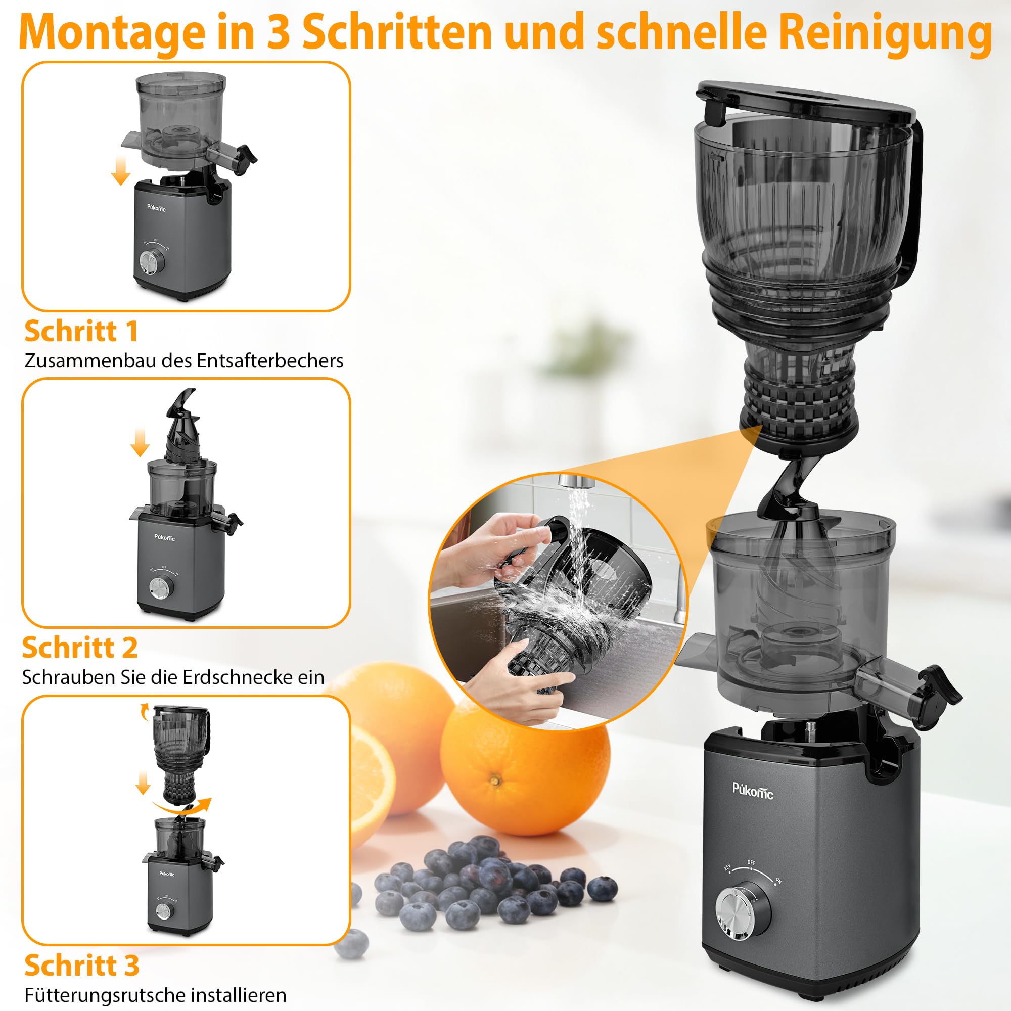 PUKOMC Kaltpressentsafter mit 14,7 cm (5,8 Zoll) großem Einwurf - Slow Juicer für ganze Früchte und Gemüse, 1,8 Liter Behälter, 300W, inklusive Reinigungsbürste und Auffangbecher, grau