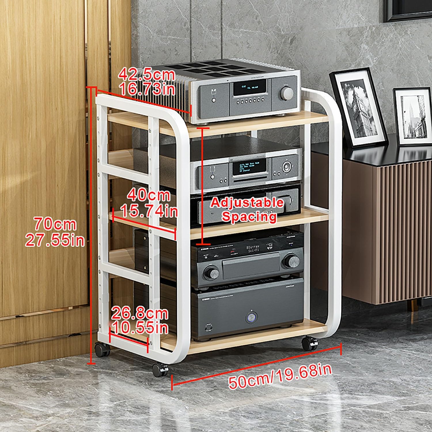 Estante de audio para videojuegos, soporte móvil para medios AV con estantes de almacenamiento y ruedas universales, perfecto para sala de estar, sala de juegos, estudio de música y estudio de