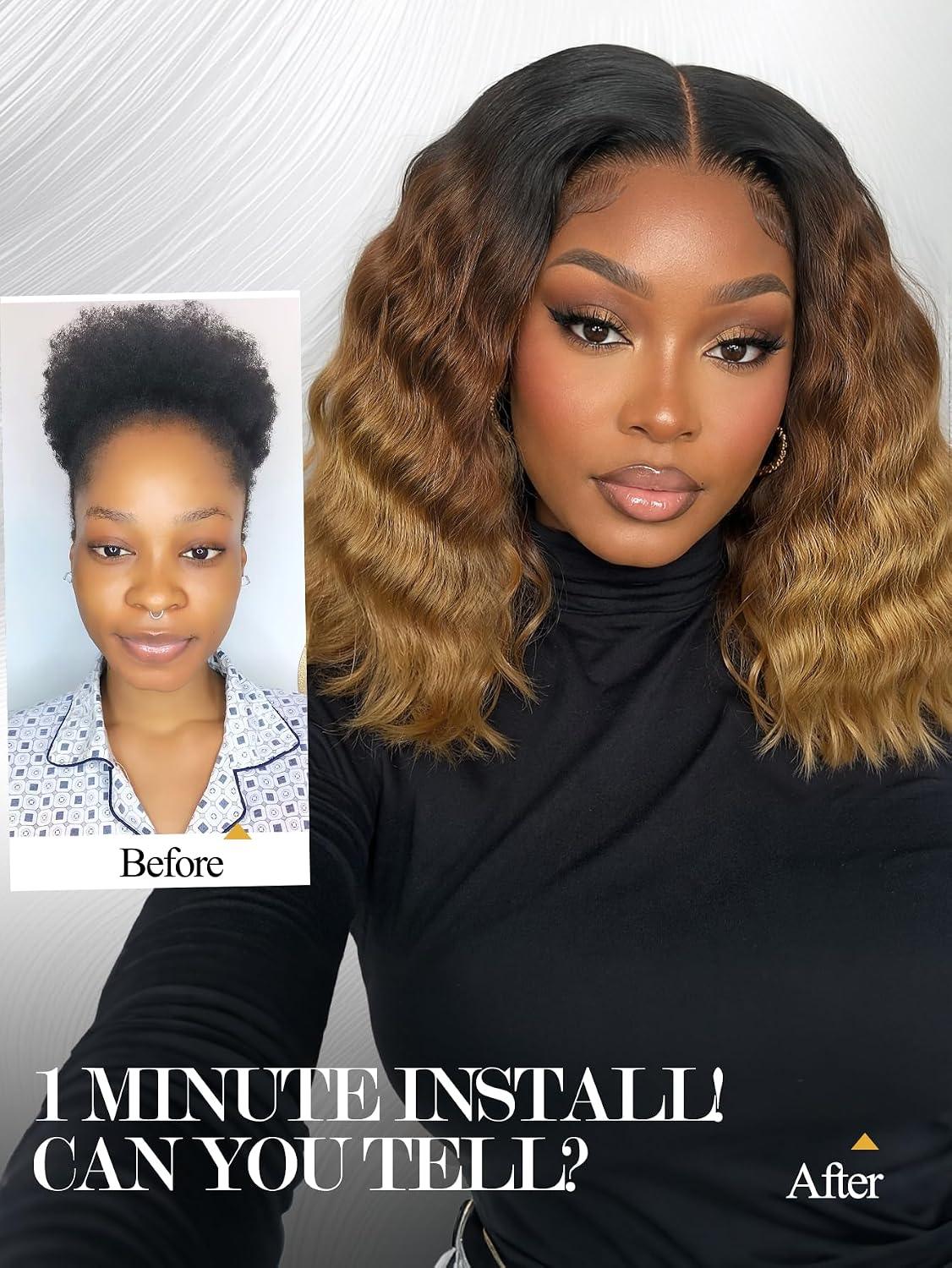 FANCEE Yaki Curly Wavy V Part Wigs U Part Glueless Clip in Half Wigs Ombre Black Brown Blonde Loose Deep Wave Bob Wig for Black Women Realistic Natural Looking Heat Resistant Synthetic(14Inch,1B/4/30)