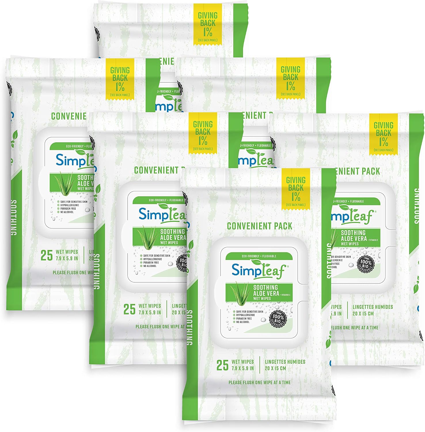 Simpleaf Flushable Wipes: Eco- Friendly, Thick and Effective, Paraben and Alcohol Free, Hypoallergenic and Safe for Sensitive Skin, Vitamin E with Soothing Aloe Vera (6 Packs)