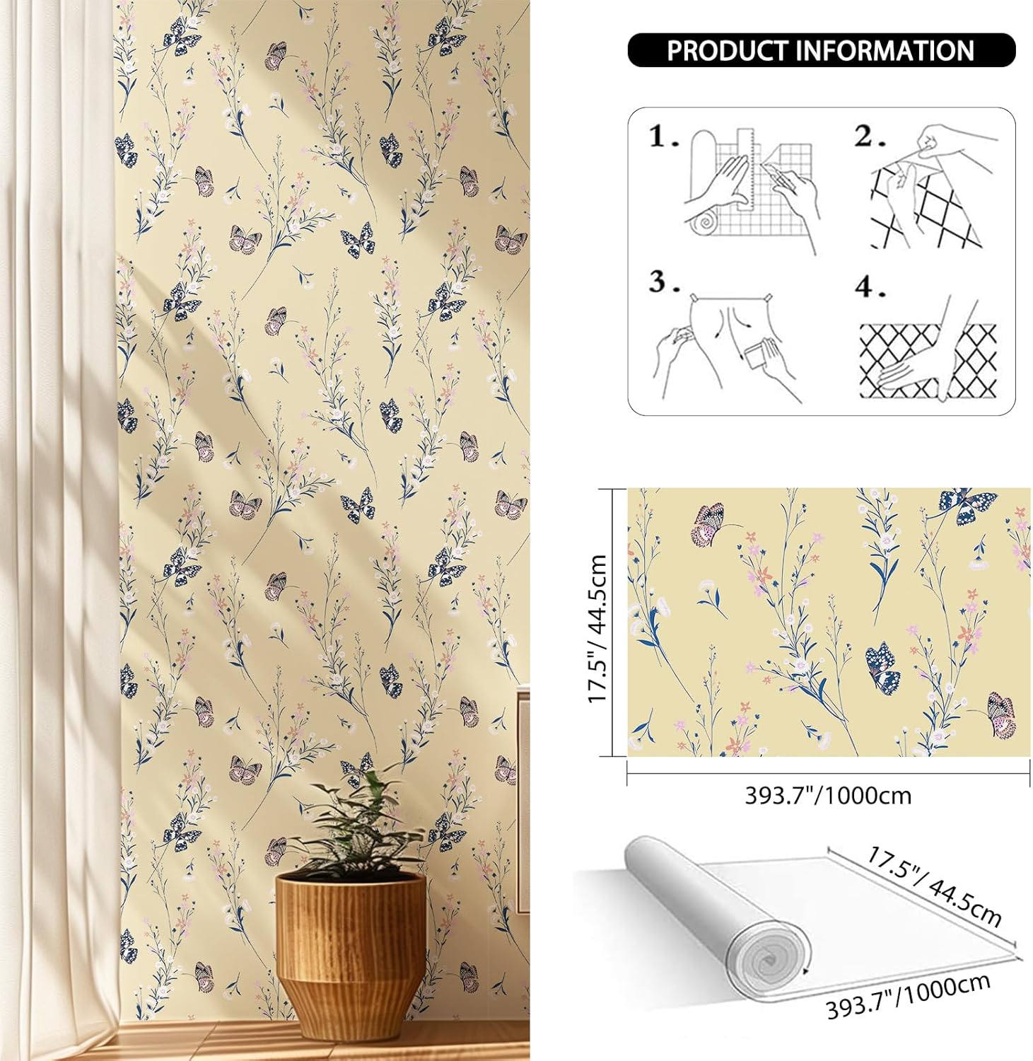 Shackcom Vintage Floral Wallpaper Peel and Stick, 17.5" x 393.7" Yellow Boho Flower Daisy & Butterfly Contact Paper, Self-Adhesive Removable for Home Bathroom Bedroom Countertop Cabinet Wall Decor