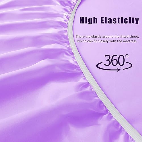 Miniatura 5 de Juego de sábanas de satén de color lavanda de 4 piezas, tamaño King, juego de sábanas de satén sedoso de 15 pulgadas de profundidad, juego de ropa