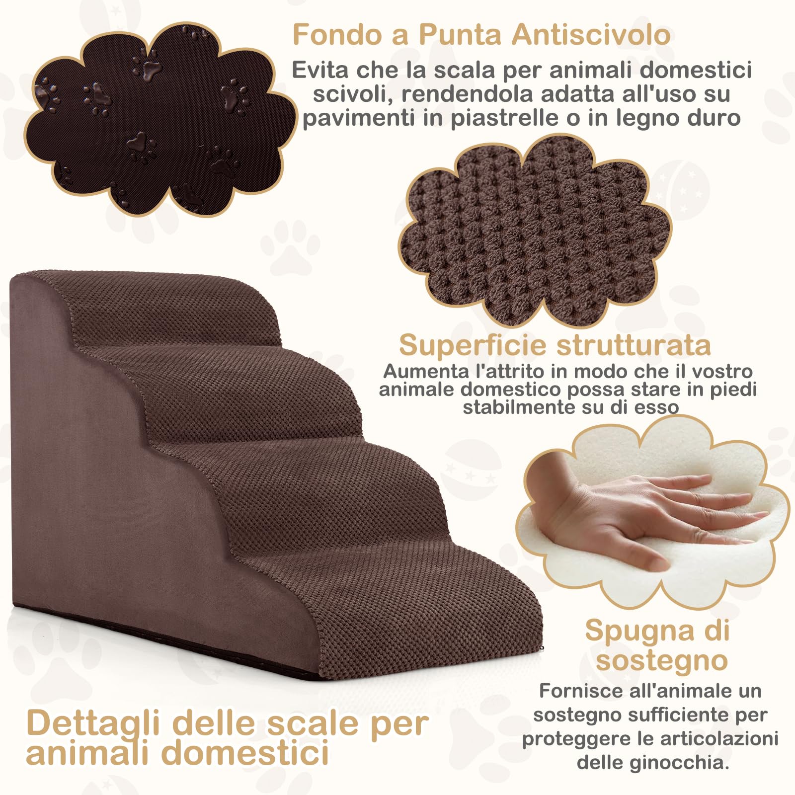 GYMAX Scaletta per Cani in Spugna, Fondo Antiscivolo, Rivestimento Rimovibile e Lavabile, Scala per Animali Domestici per Divano e Letto (4 Gradini - Caffè)