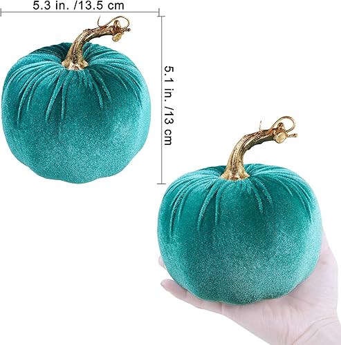 Miniatura 3 de Winlyn 4 calabazas decorativas de terciopelo rústico sintético, color verde, verde azulado, blanco, 5 pulgadas, para regalos, otoño, boda, Acción de