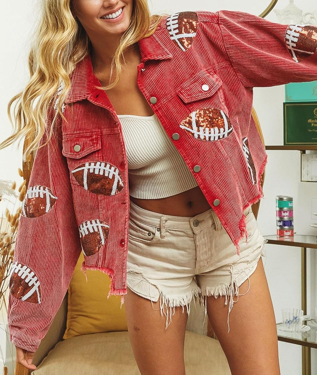 yoeasy Women's Corduroy Rugby Sequin Crop Jacket Raw Hem Vintage Football Distressed Short Jacket Coat With Pockets