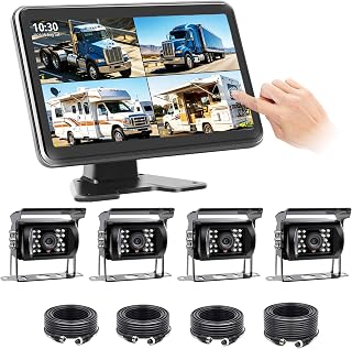 RV Backup Camera System, LASTBUS 7" 4K Touchable Quad Split Screen DVR Monitor + 4-Channel 1080P IP69K Waterproof Night Vision Wired Rear Side View Camera System for RV Truck Trailer Camper Semi-Truck