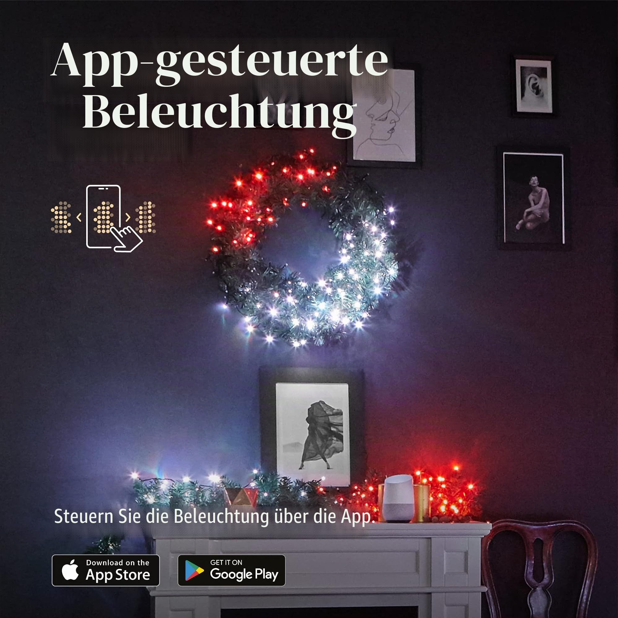 Twinkly Türkranz, vorbeleuchtet, per App gesteuert, mit 50 RGB- und weißen LEDs, grünes Kabel – Sonderedition – Innendekoration für Weihnachten – Generation II