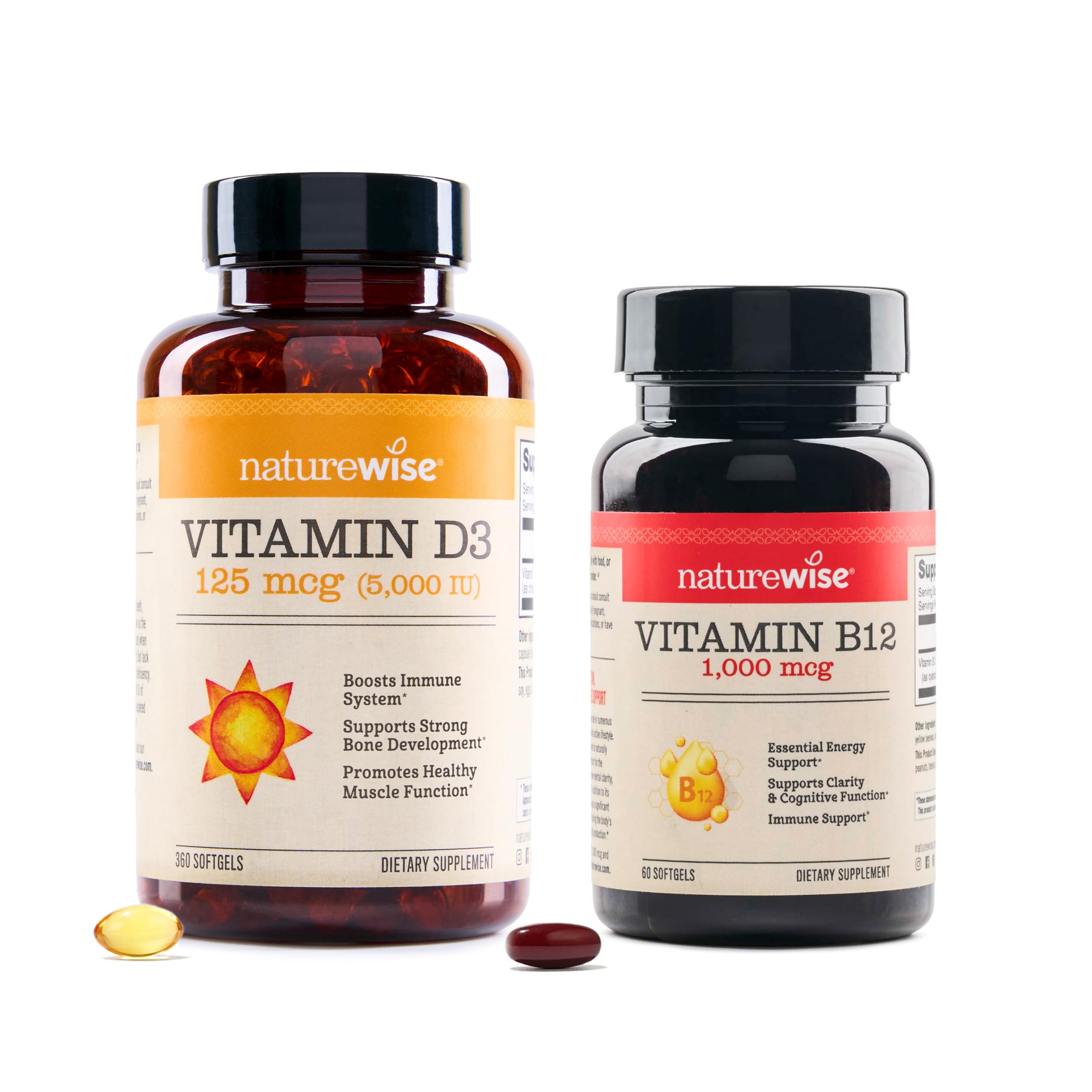 NatureWise Vitamin D3 5000IU (125mg) 360 Count + Vitamin B12 1000 mcg 60 Count - Bundle for Immune, Energy Levels, Nerve and Heart Health Support - Gluten Free,