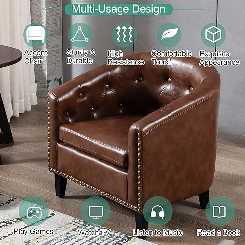 Miniatura 13 de Goujxcy Sillón de barril estilo club para sala de estar, acogedora y moderna silla de microfibra con cabeza de clavos y patas de madera maciza para