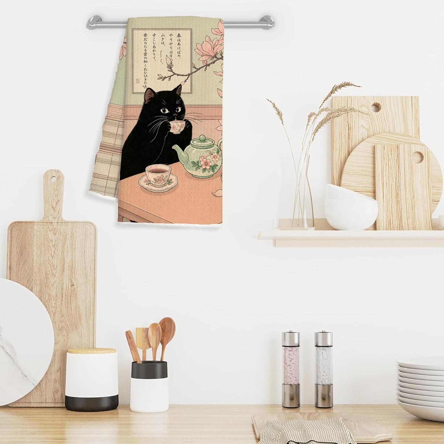 Pink Japanese Black Cat Kitchen Hand Tea Towels 16x24 YSZ-t image 2