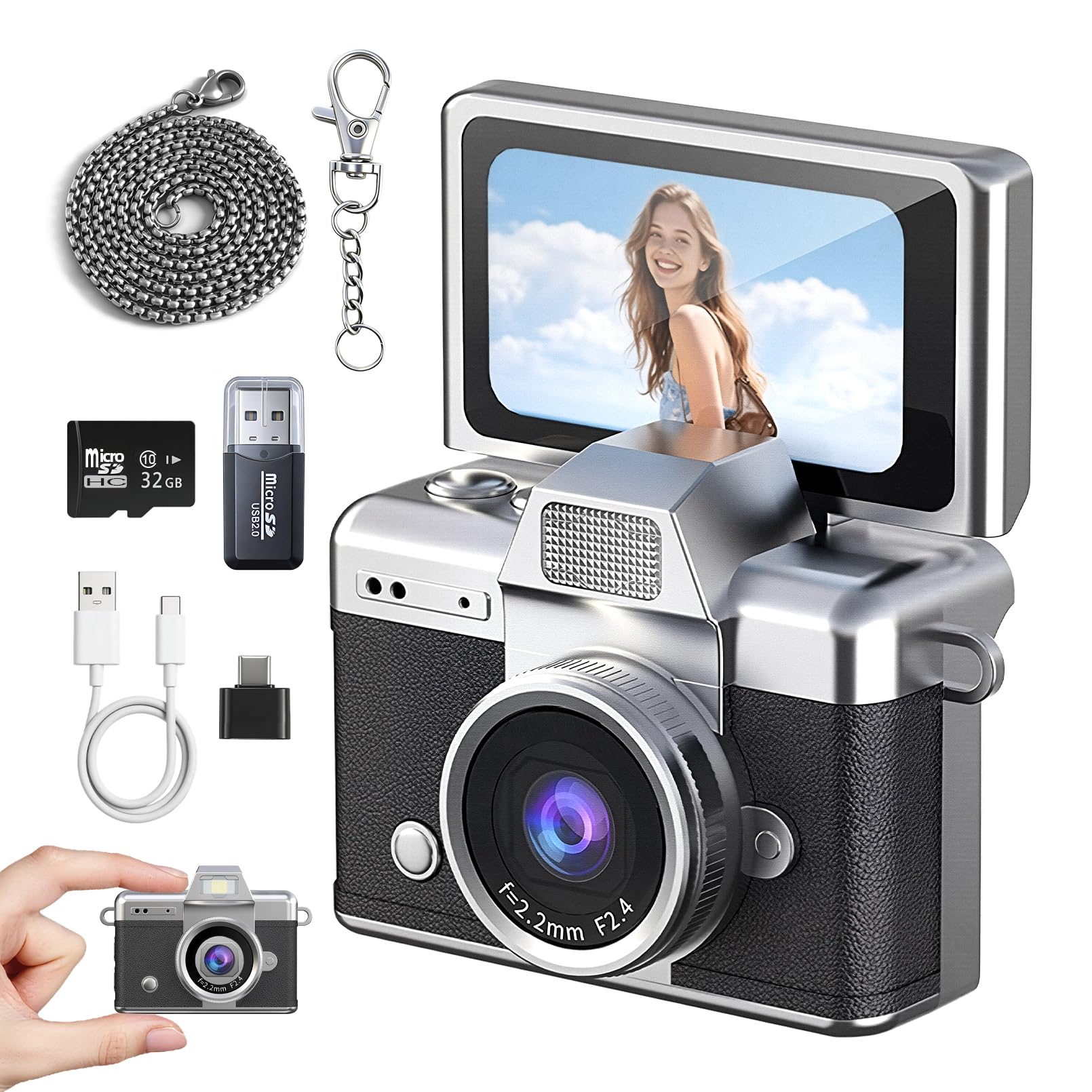 HOBYCHILD Mini Keychain Camera HD Video Ultra-Compact Retro Digital Camera with 32GB SD Card USB Card Reader Adapter Portable Tiny Camera for Travel, Study, Daily Vlogging (Black)