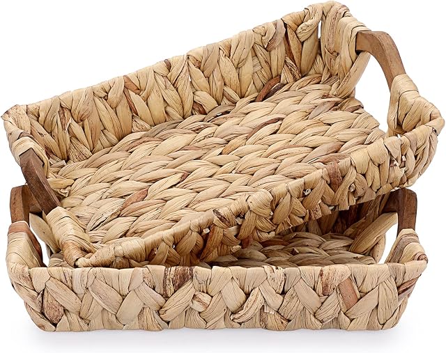 BSTKEY Set of 2 Water Hyacinth Storage Baskets Organizer, Natural Wicker Basket Holder with Wooden Handles, Rectangle Hand Woven Storage Basket (30x20CM)