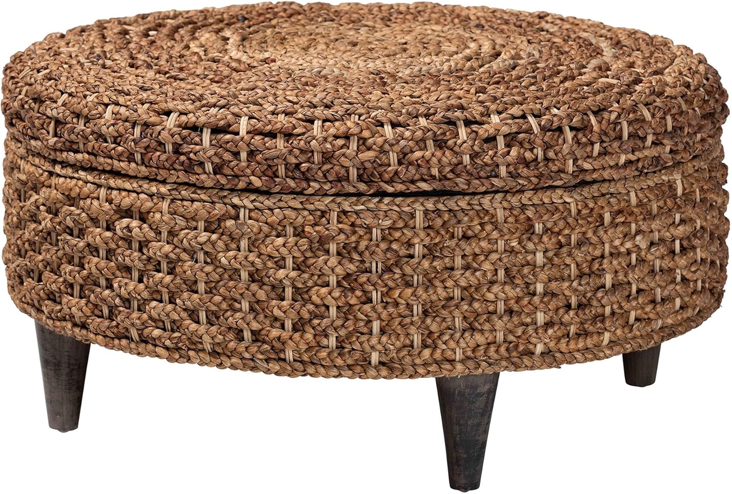 bali & pari Bailey Handwoven Water Hyacinth Storage Ottoman with Lift-Top Lid – Rustic Wicker Trunk or Footrest with Inner Compartment for Living Room or Entryway, Round