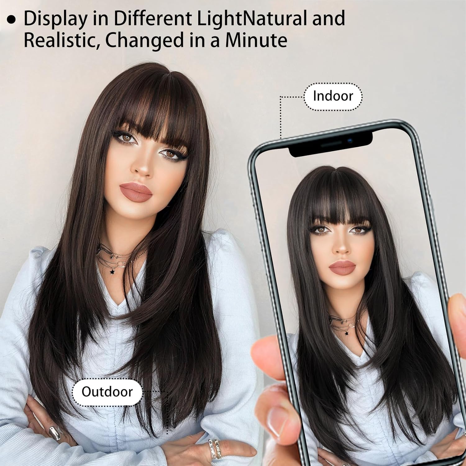 PARK YUN Long Black Straight Wigs for Women 24 inch Glueless Realistic Synthetic Wig with Bangs Heat Resistant Natural Layered Wig for Girls Daily Party Cosplay - Image 5