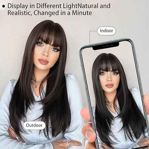 Miniatura 5 de Pelucas largas y lacias negras para mujer, 24 pulgadas, sin pegamento, peluca sintética realista con flequillo, resistente al calor, peluca natural