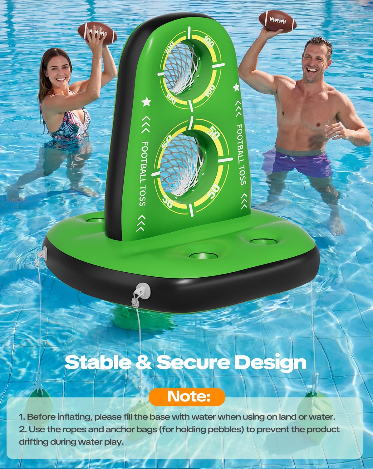 Juegos inflables de lanzamiento de fútbol para piscina, objetivo de fútbol acuático con 4 bolas y 2 bombas, base estable y diseño de doble red, juguetes de piscina al aire libre para niños y