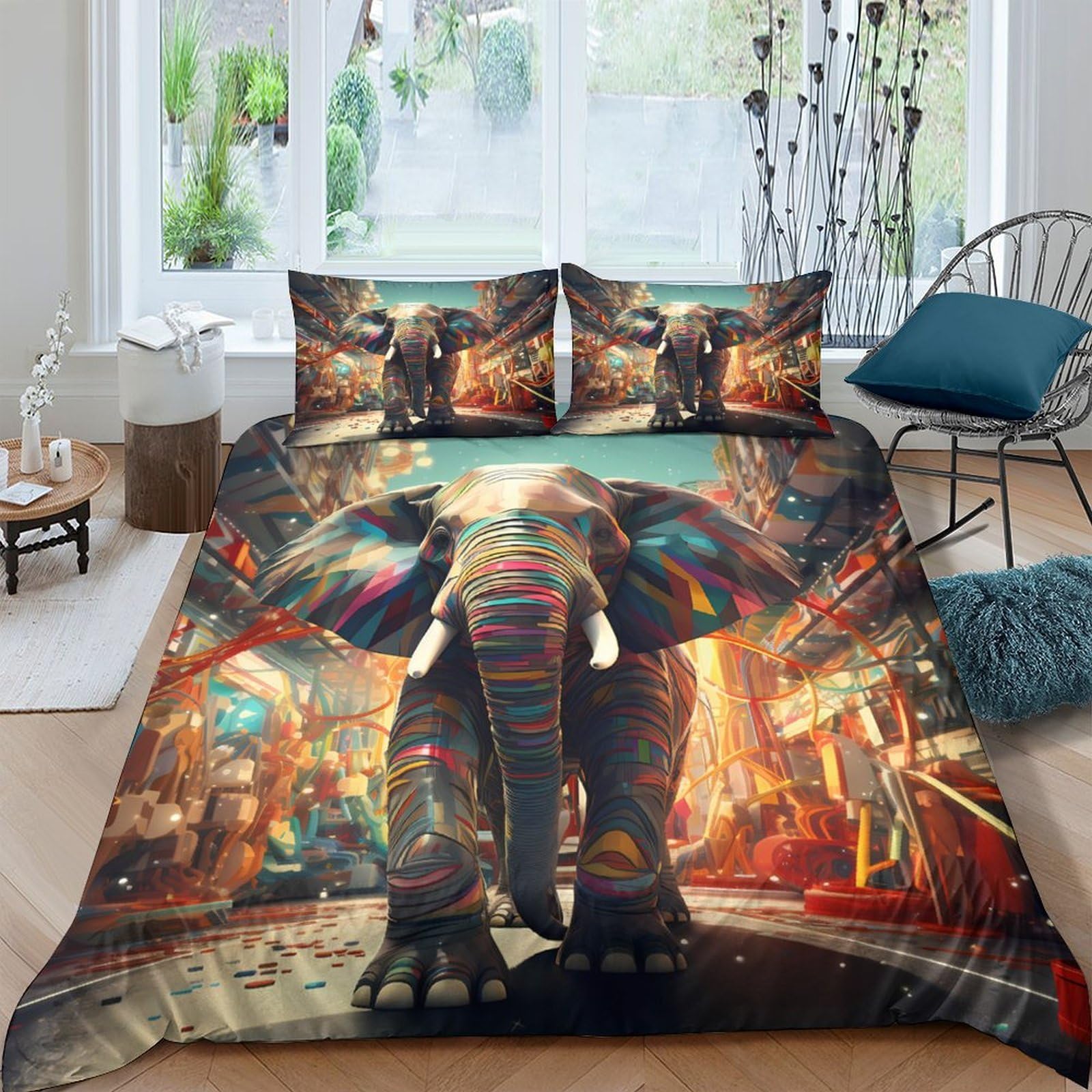 Ctjqhvkz Style-4 3D Printed Colorful Elephant Fitted Sheet Microfiber Soft Non Slip Bed Sheet Urban Jungle Mattress Cover For Bedroom Decor Single（135X200cm）