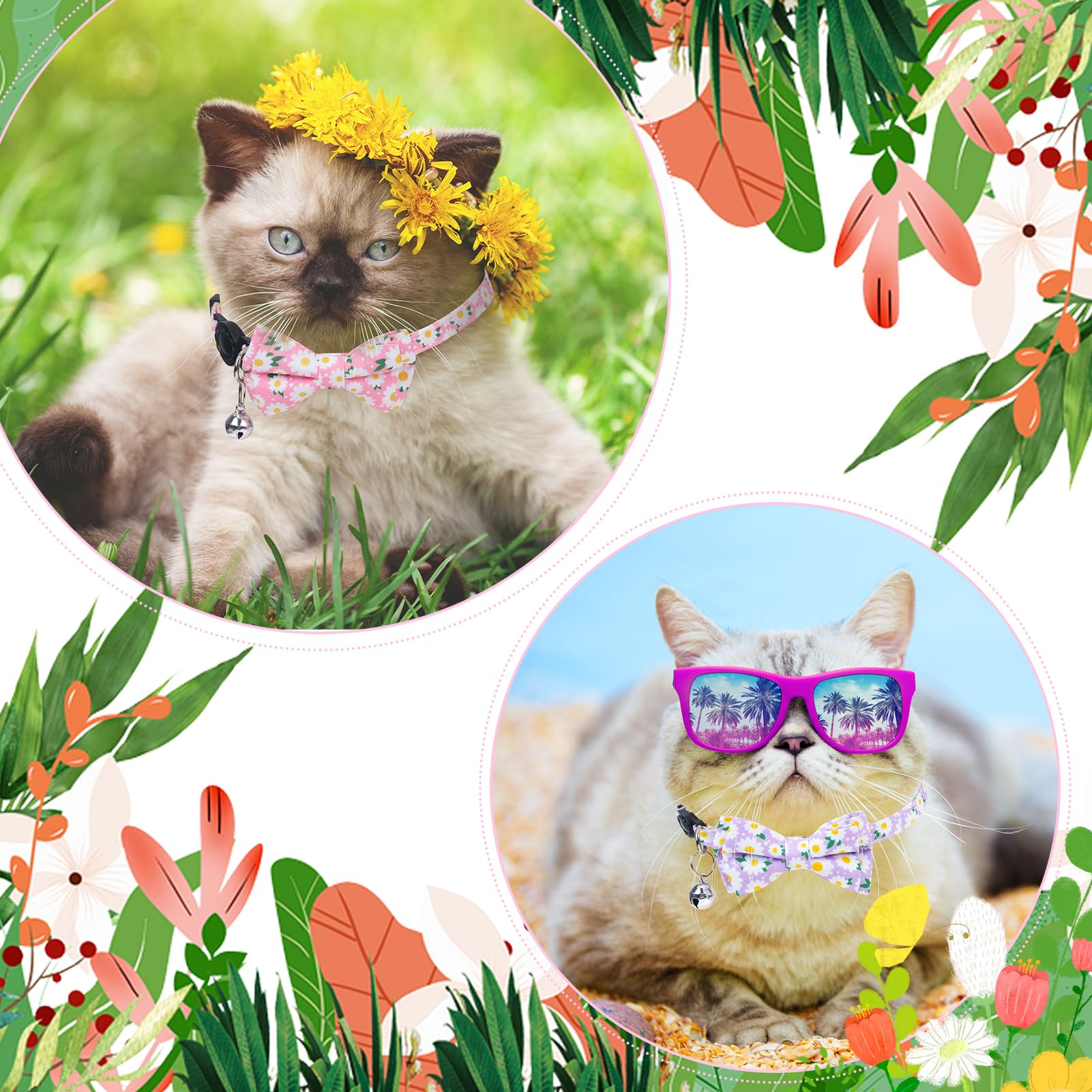 4 collares de gato separables con pajarita y campana, collar floral para gatito con pajarita extraíble, collares de seguridad ajustables para niñas y gatos