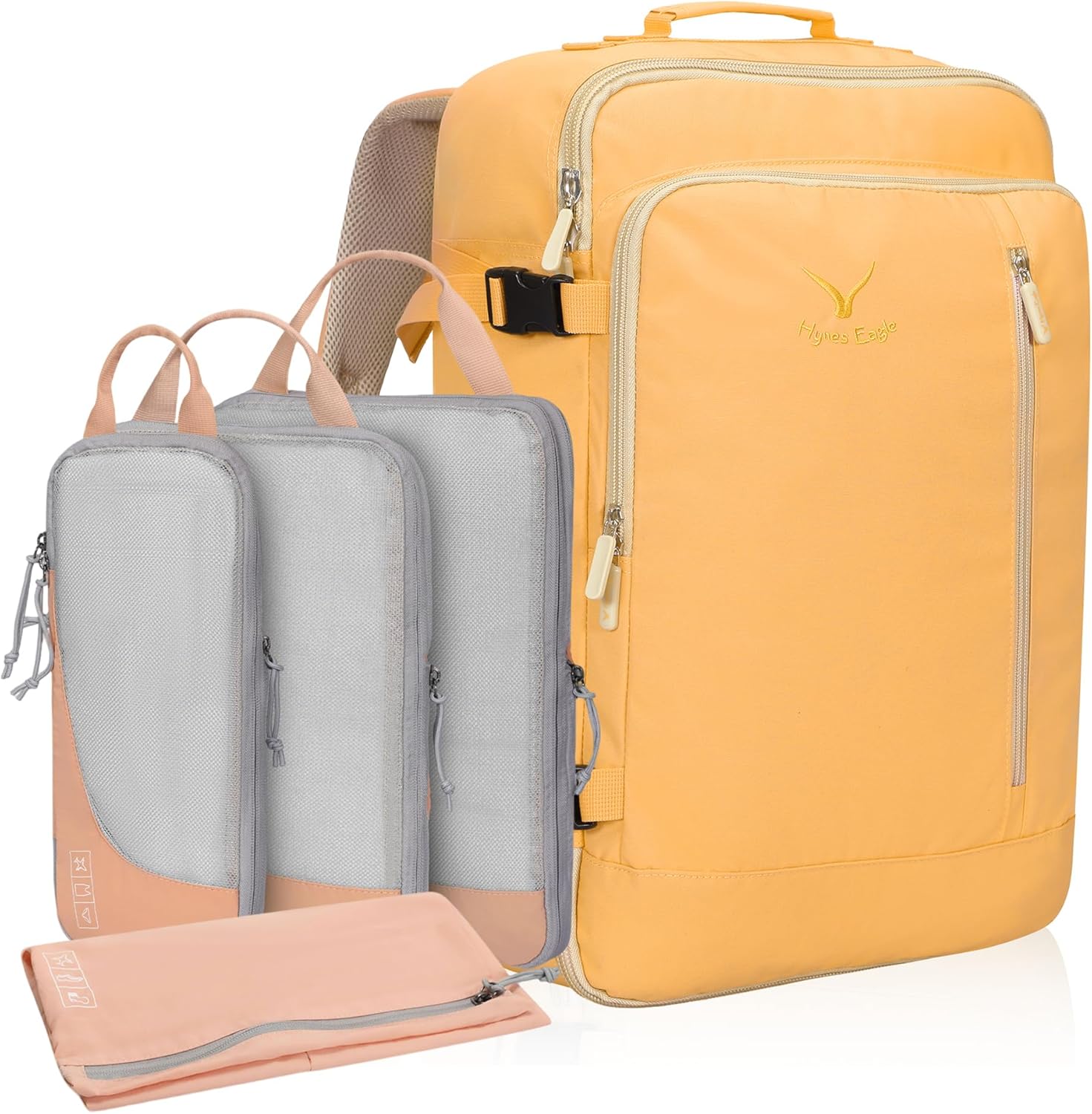 Hynes Eagle Carry on Backpack 38L Large Travel Backpack Women Flight Approved Weekender Bag Men Laptop Bag 15 inches Yellow with Compression Packing Cubes Set 4PCS Light Pink