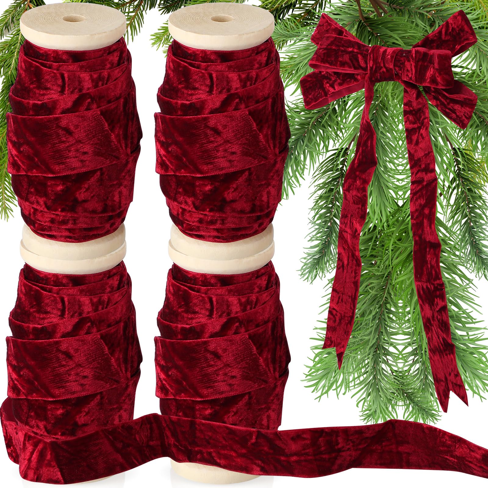 Chuangdi 4 Rollen 20 Meter Knautschsamtband Weihnachten Vintage Holzspule Samtband für Weihnachtsbaum Ornament Geschenkverpackung Schleife Kranz Blumenstrauß Handwerk Dekoration (Burgunderrot, 2,5 cm)