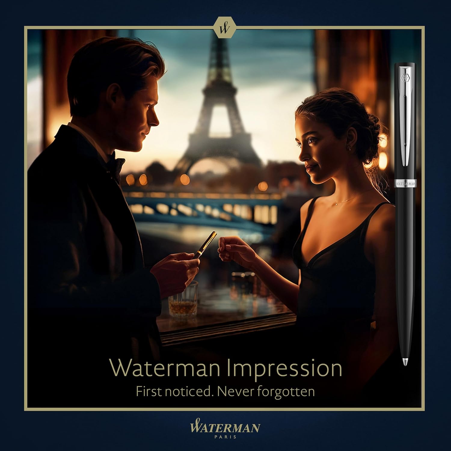 Waterman Impression Ballpoint Pen | Medium Tip with Blue Ink Refill | Black Lacquer with Palladium-Coated Trim | Gift Box