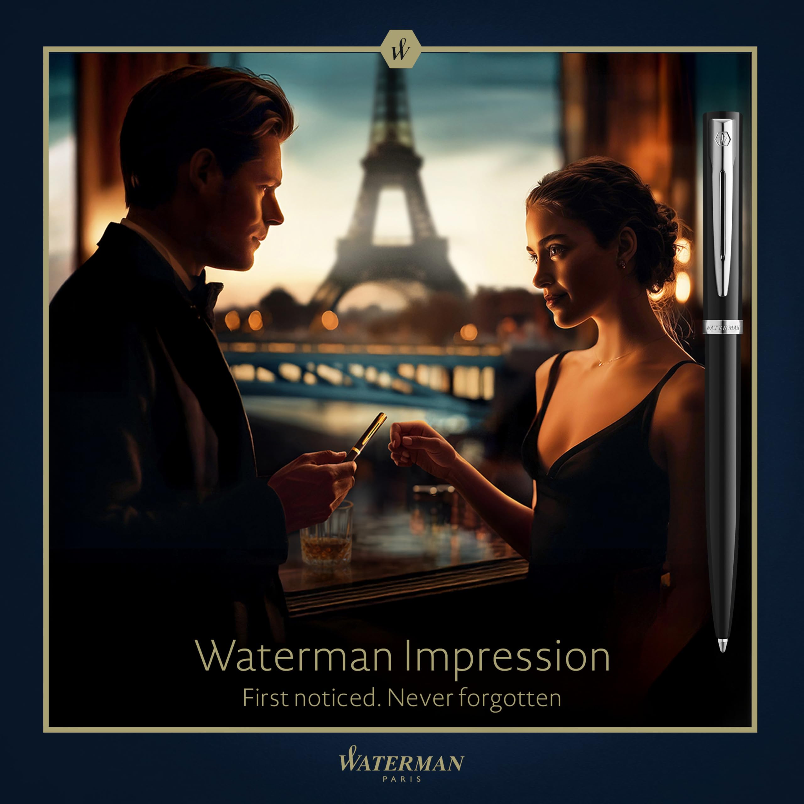 Waterman Impression Ballpoint Pen | Black with Chrome Trim | Medium Point | Blue Ink | Gift Box - Image 3