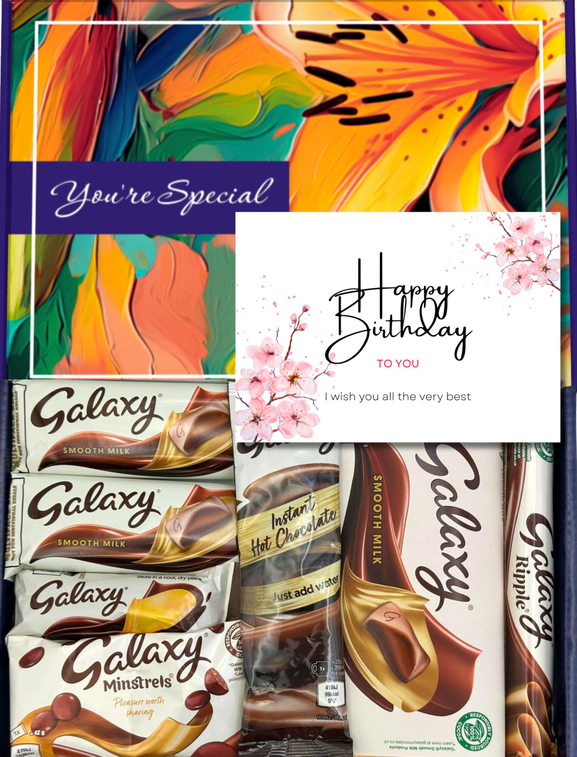 Chocolate Gift Box Set, Full Sized Bars Milk Bars, Flutes, Minstrels and Hot Chocolate, Box of Chocolates Gift Hamper,Sweet Treat Box (Happy Birthday - Luxury)