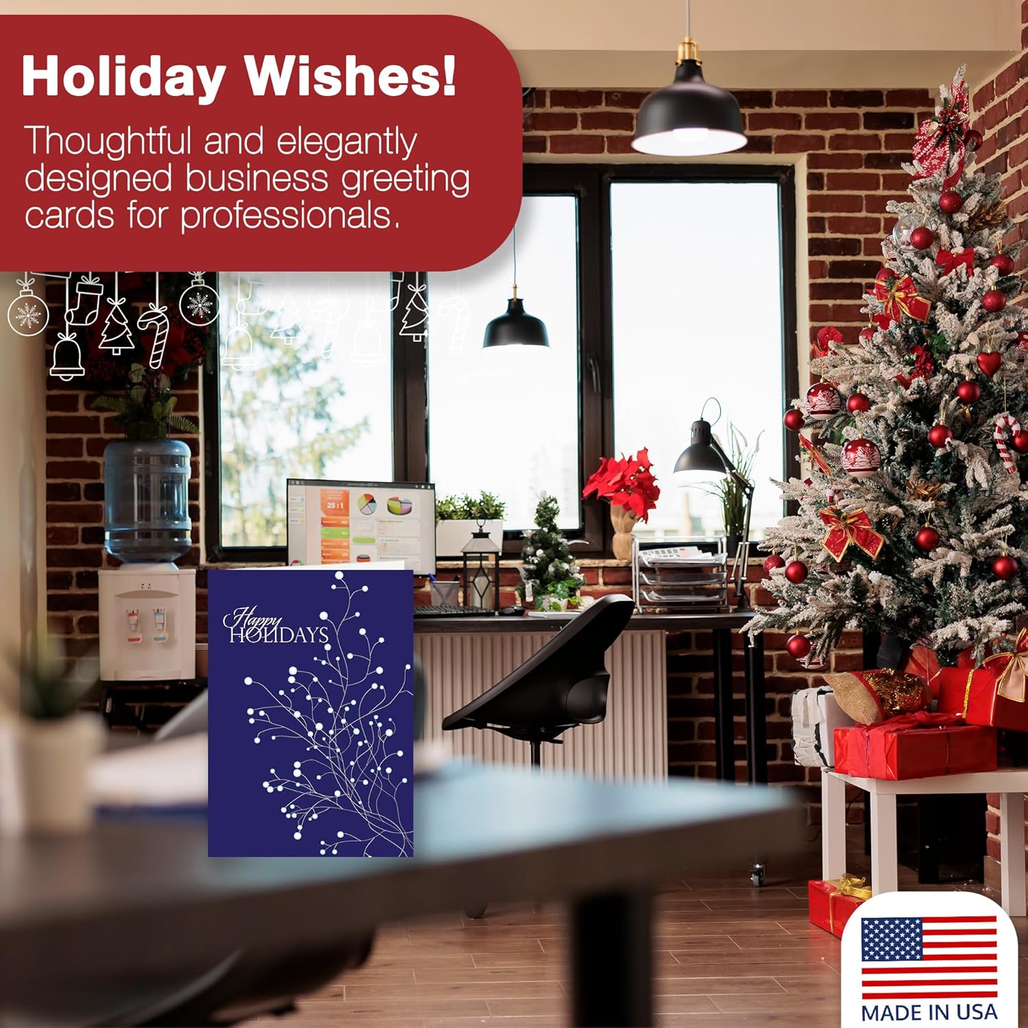 Happy Holidays Cards for Business & Family (Snowy Branches) Bulk Greeting Card Set Pack of 25 Christmas Cards with Envelopes (5x7 inch - A7) Great for Office, Work, Employees & Clients H1101