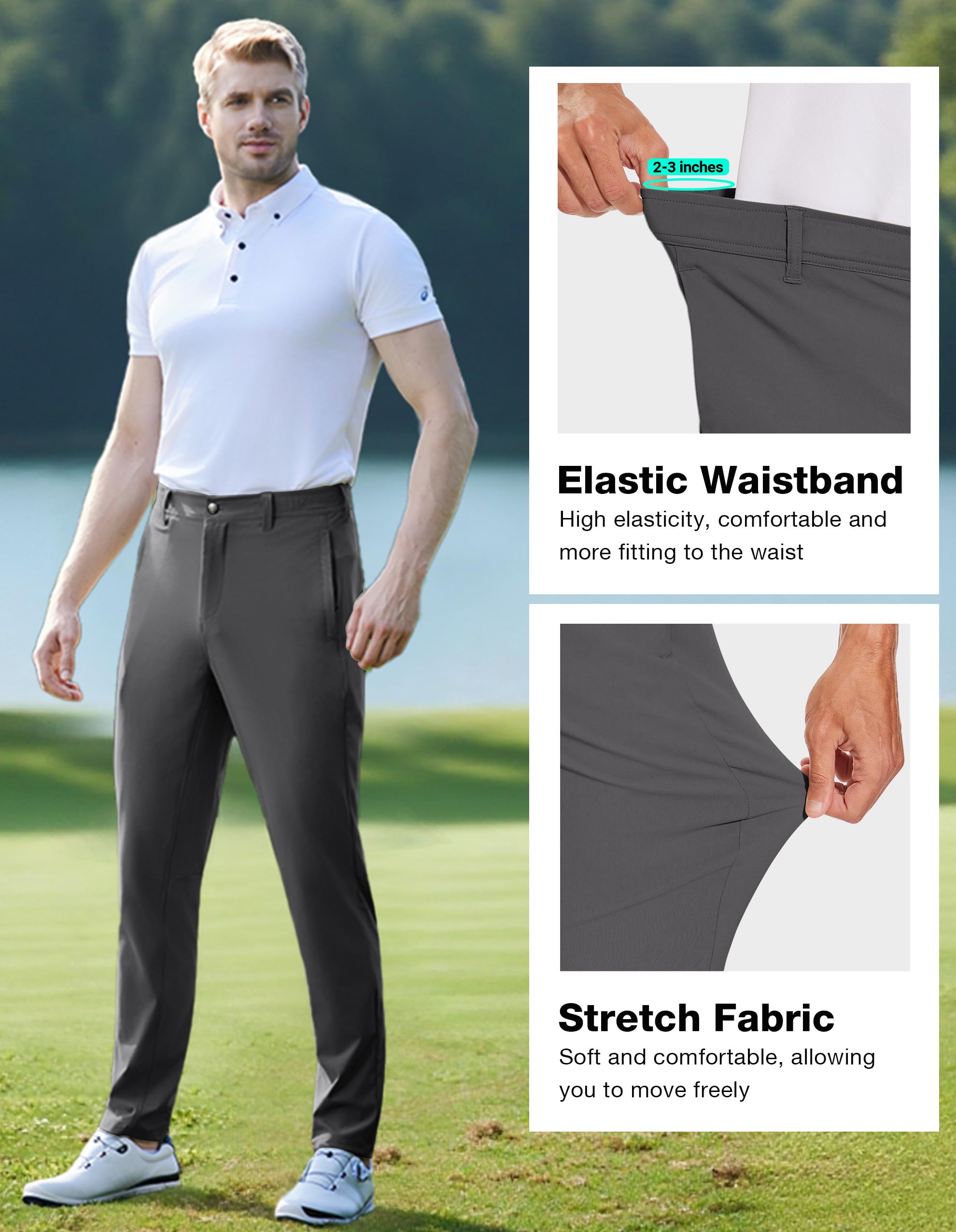SPECIALMAGIC Pantalon de golf extensible imperméable pour homme 76,2 cm/81,3 cm | Pantalon de travail léger et confortable pour homme avec poches zippées