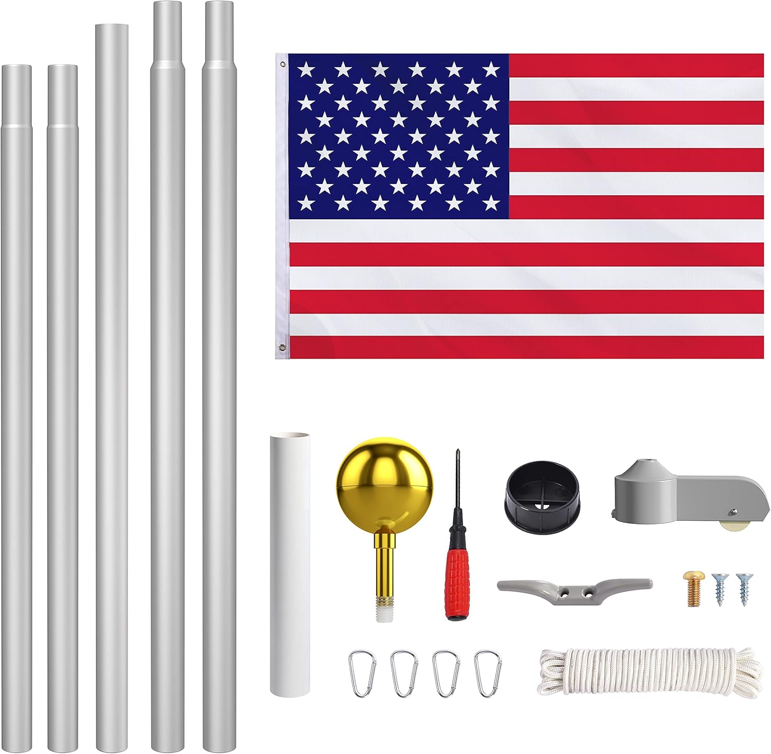 20ft Flag Pole Kit - Residential Sectional Flagpole Outside, Heavy Duty Outdoor Inground Commercial Aluminum Pole, Height Adjustable, Silver