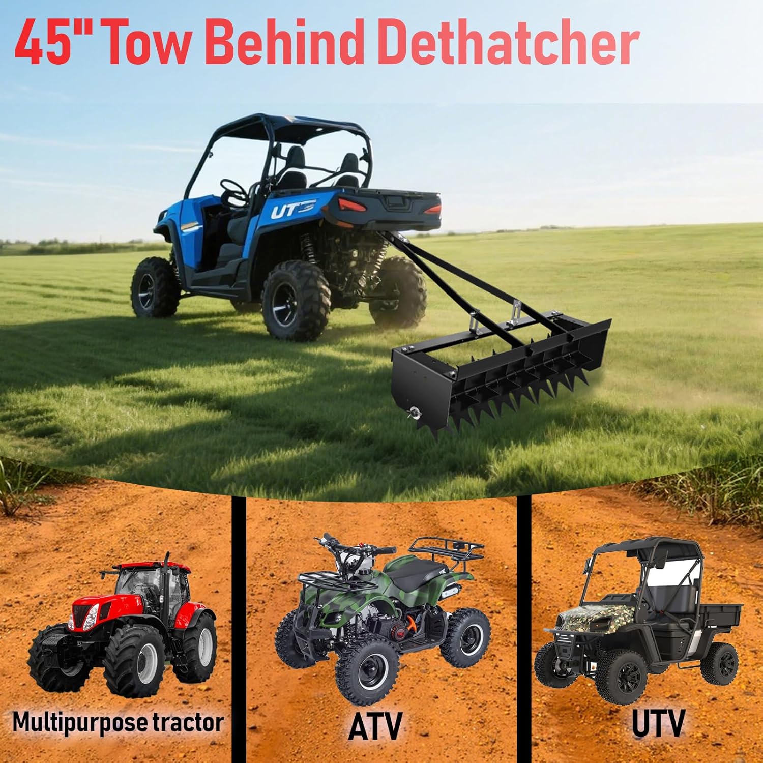 45" 3-Second Hooked Tow Aerator - 400 lbs Capacity Aerators with Galvanized Steel Spikes and Weighted Tray, Rolling Soil Aerators for Tractor/Mower, Farm and Golf Course