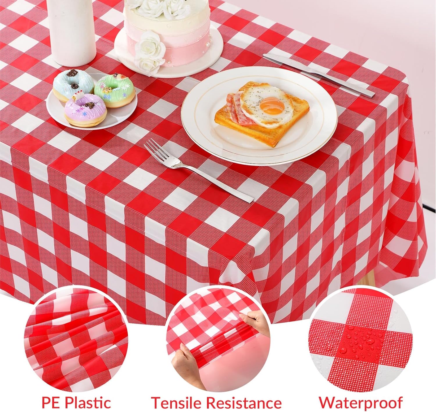 Moukeren Red Checkered Gingham Plastic Tablecloth 54 in x 132 ft (Totally) Red and White Disposable Table Cover Cut to Size Rectangle, Round Plastic Tablecloth for Party Birth Picnic Outdoor
