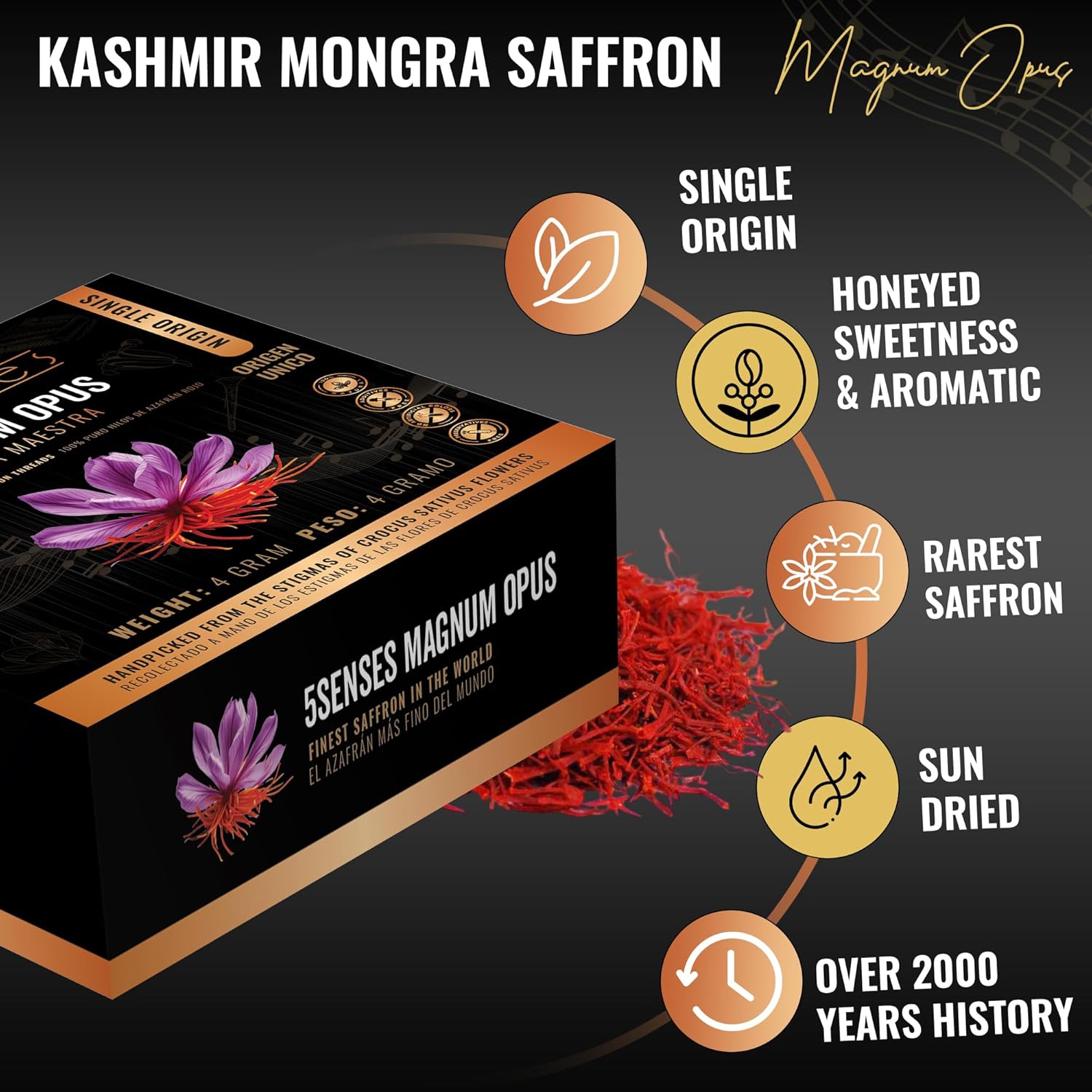 5Senses Kashmir Mongra Saffron | Azafran | Magnum Opus | Premium Grade A Saffron Threads | Whole Red Gold Spice | Single Origin, Non-GMO, Fairtrade, Gluten-Free, Vegan, Plastic Neutral ((0.14oz/4g))