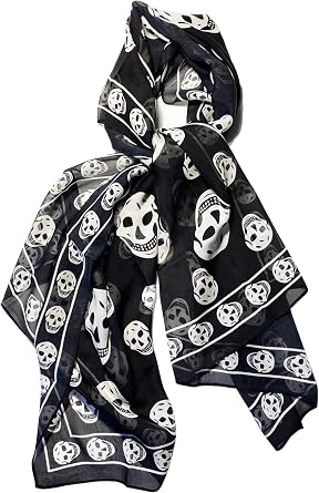Mazeology Skull Scarf Genuine Pure Silk Soft Chiffon 58.5 Long Scarf Gothic Punk Pirate Black/White 26 Wide for Women/Men Trendy Fashion Accessory