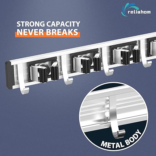 Miniatura 2 de reliahom Soporte de pared para escoba y trapeador de pared, estante de almacenamiento de garaje, organizador de herramientas de cocina y jardín (4