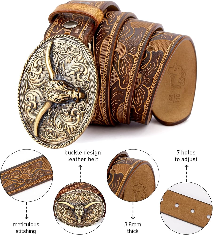 BISON DENIM Mens Western Cowboy Belt - Longhorn Cow Pattern Buckle