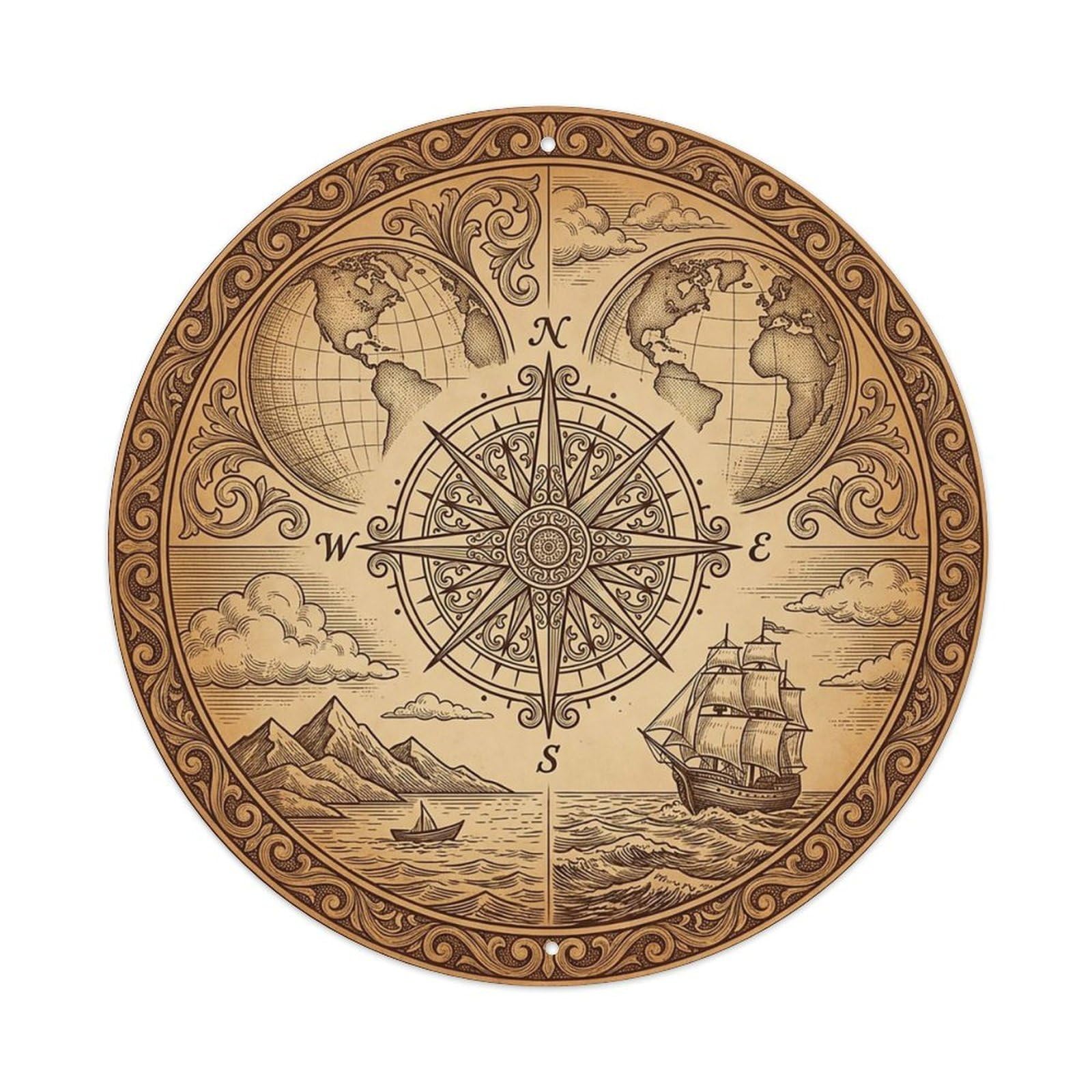Vintage Nautical Compass World Map Traveler Chronicle Metal Tin Sign