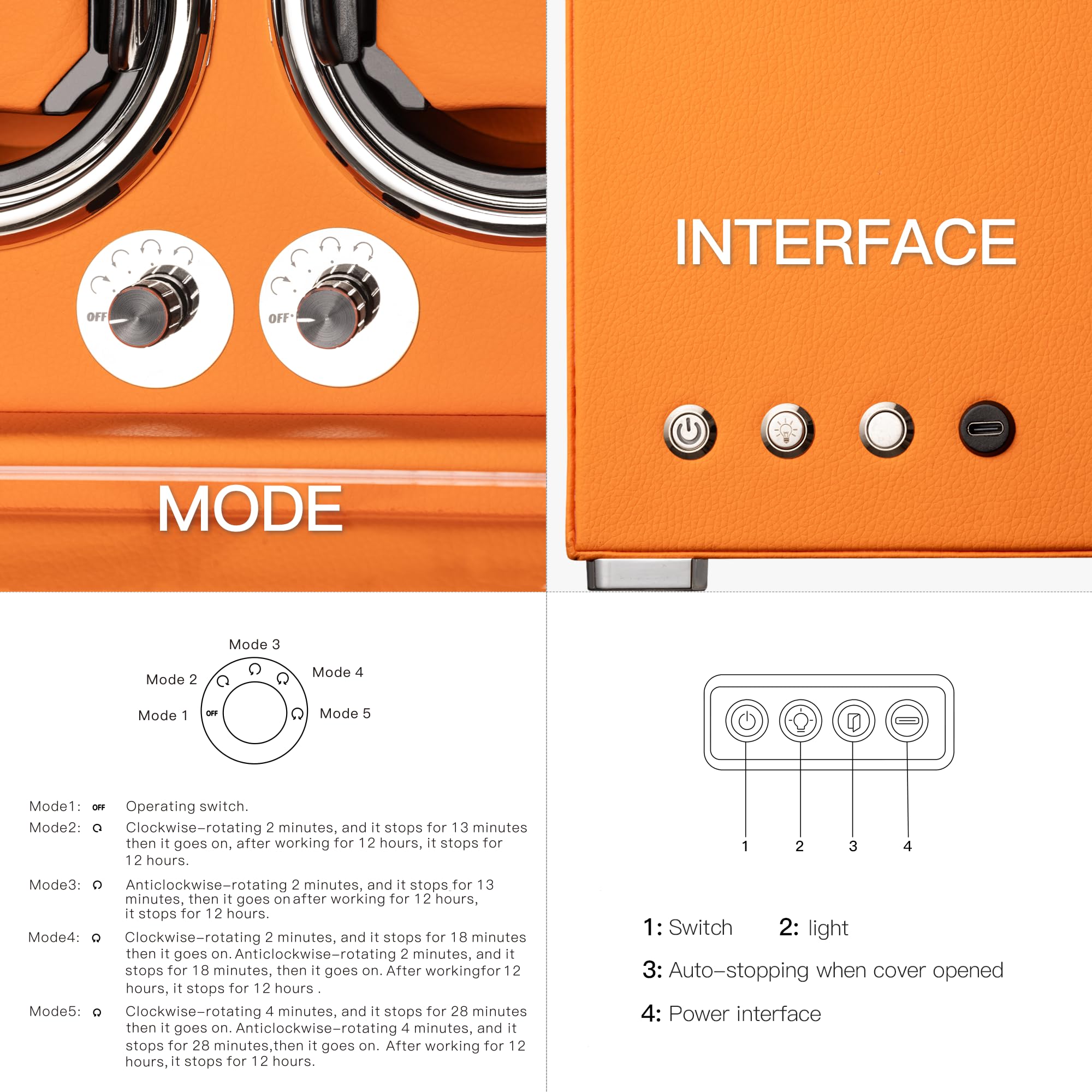 Uhrenbeweger für 2/4/6/9 Automatikuhren, High-End-Lederherstellung, super leiser Mabuchi-Motor, Zwei Leistungsmodi, integrierte LED-Leuchten