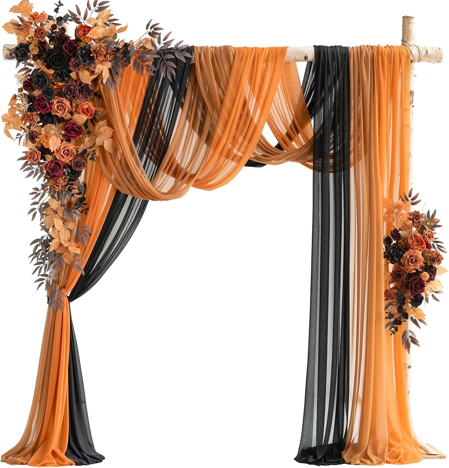 Ling's Moment Wedding Arch Flowers with Sheer Drapes Kit - Artificial Black and Orange Floral Arrangements for Ceremony Backdrop, Arbor Decor, 5-Piece Set (2 Flower Stems + 3 Hanging Drapes) Or-black & Pumpkin Orange