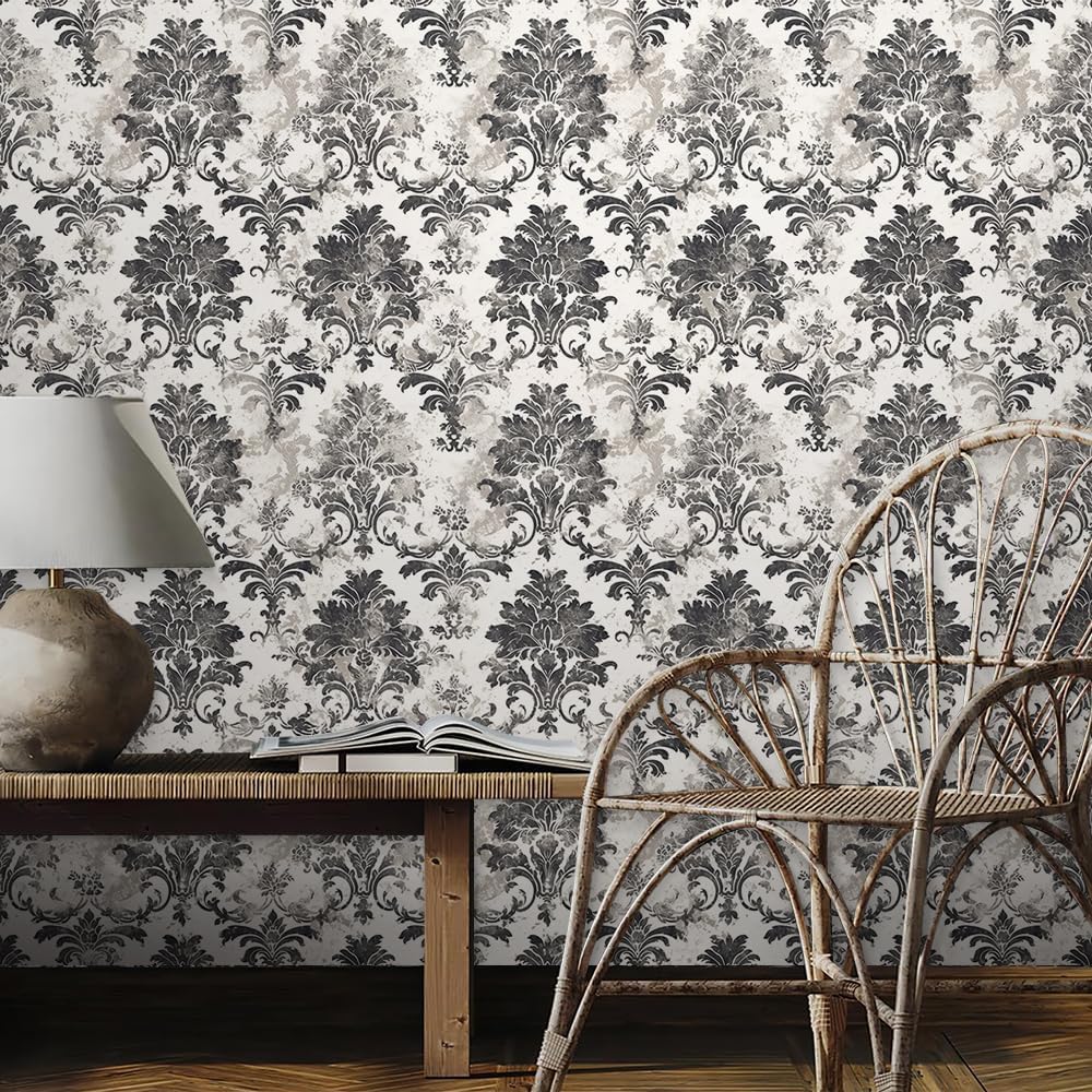 REDAMANCY Ancient Black and White Damask Flower Peel and Stick Wallpaper Modern Cute Wall Paper Stick on Contact Paper Easy Peel Off for Bedroom nightstand Drawer Renter Friendly 17.7"x236"