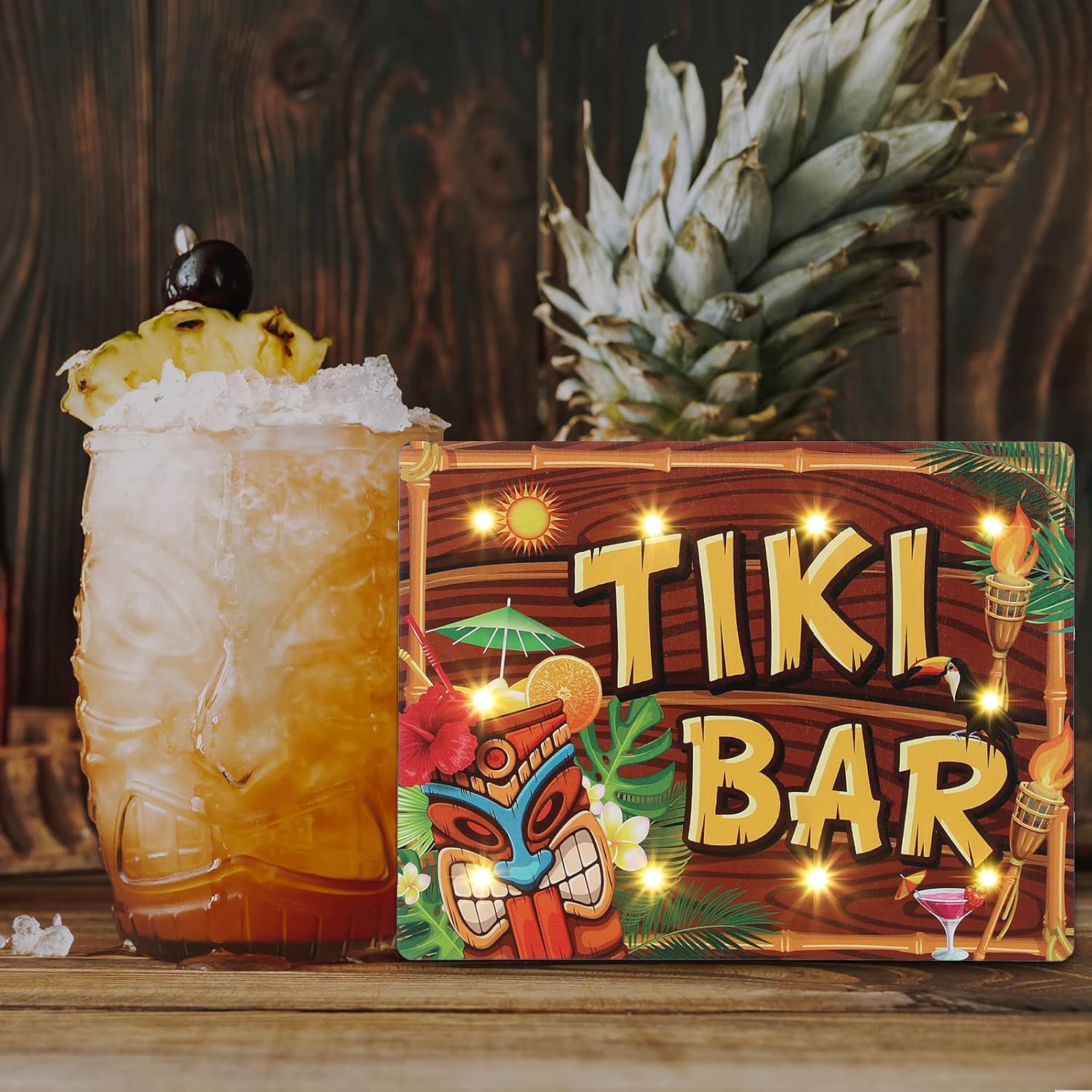 Blulu Tiki Bar Sign Hawaiian Luau Party Decoration Supplies Wooden LED Light Tiki Plaque for Aloha Hawaii Luau Tropical Birthday Party Aloha Decorations Totem Hut Hanging Sign for Home Bar Kitchen - Image 6