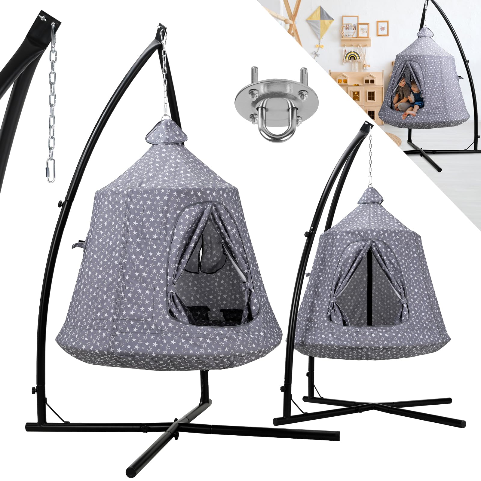 MAMIZO Hamaca Colgante para niños con Estructura,Silla Colgante para Interior y Exterior,Altura Regulable,Tienda Colgante de Camping, Hamaca con Luces LED,con cojín Hinchable,Carga de 150 kg,Gris