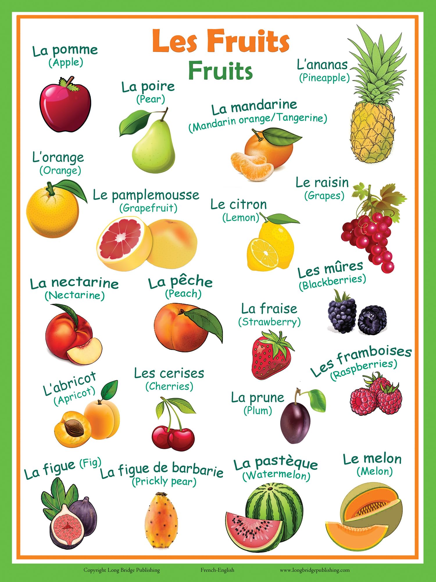 Long Bridge Publishing French Language School Poster - Words of common Fruits - Wall Chart for Home and Classroom - French-English Bilingual Text (18x24 inches)