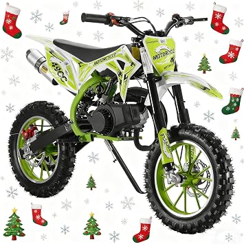 Kids Dirt Bike, 2-Stroke Off Road Dirt Bike Gas, Mini Bikes Gas Power Pocket Rocket with Front Rear Disc Brakes, Mini Motorcycles, 49cc Dirtbike Max Load 330Lbs, Up to 40KM/H Green S